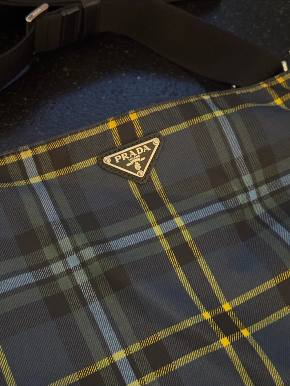 Prada Navy, Light Blue & Yellow Plaid Messenger Bag